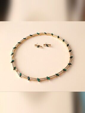 Vtg. Nicky Butler Gold Tone Necklace and Earrings with Green Stones